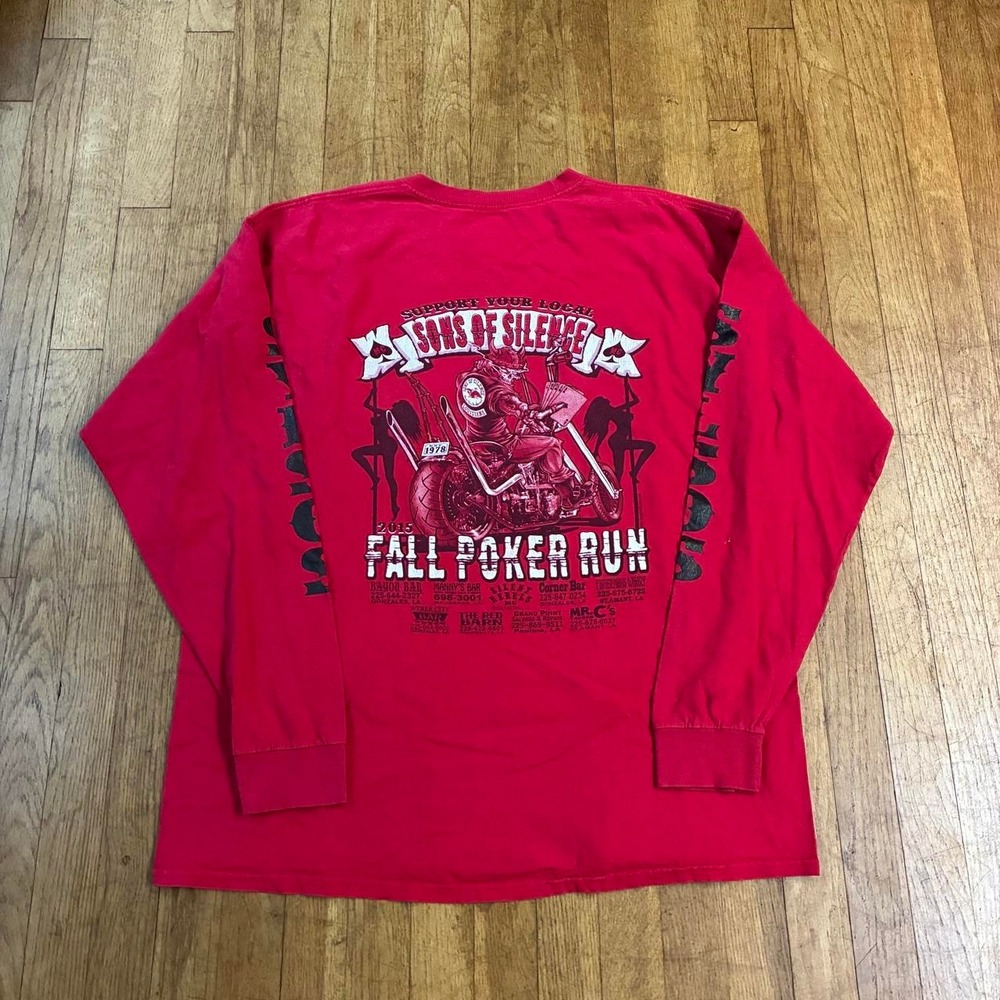 Hanes Sons of Silence Biker Motorcycle Long Sleeve Shirt Red Mens 2XL Y2K Grunge